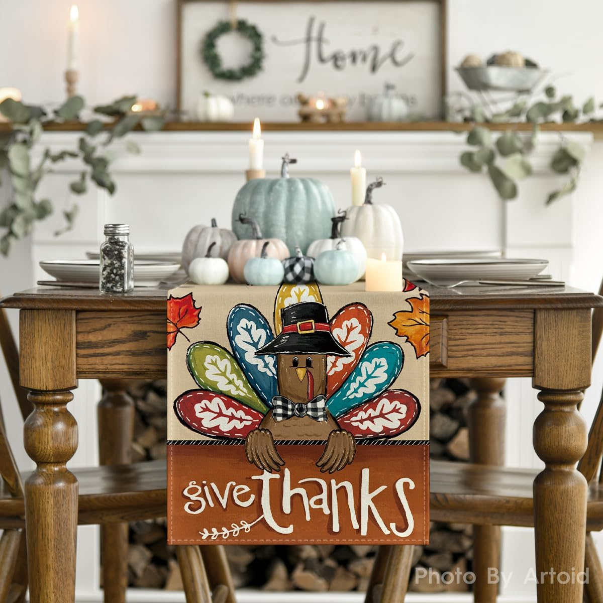 Turkey Give Thanks Thanksgiving Table Runner, Seasonal Fall Autumn Kitchen Dining Table Decoration for Home Party Decor 13X72 Inch - Image 2