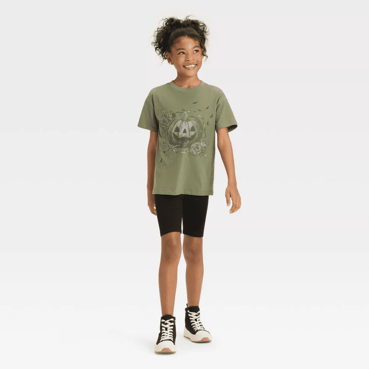 Girls' Short Sleeve Oversized Halloween Graphic T-Shirt - Cat & Jack™ Olive Green - Image 4