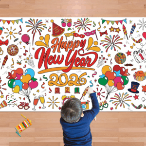 Happy New Year Giant Coloring Poster/Tablecloth - New Years Decorations 2026-30 X 72 Inches Jumbo Coloring Banner Kids Crafts Activities Party Decorations | New Years Eve Party Supplies