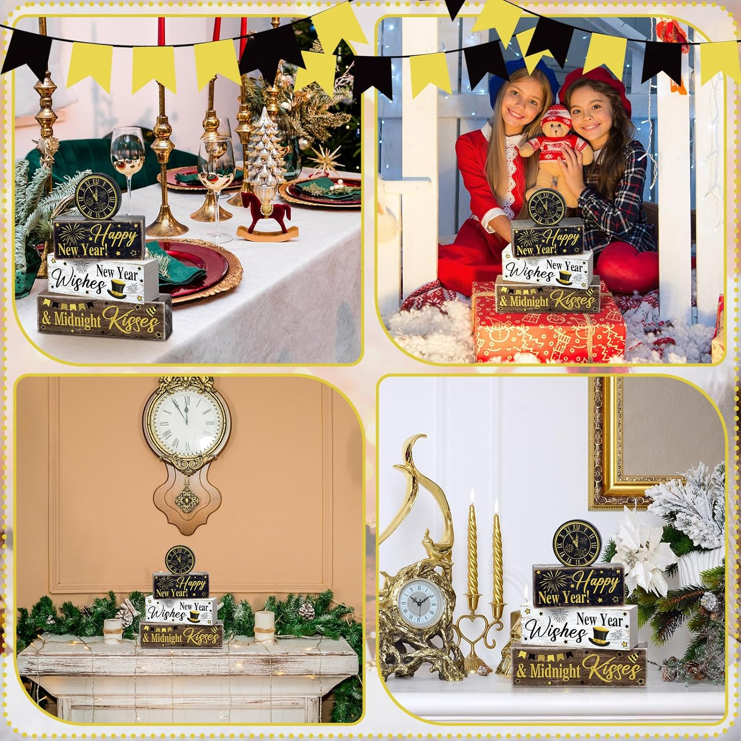 4 Pcs New Year Decoration Eve Party Supplies 2026 Gold Black Tiered Tray Decor Happy New Year Centerpiece Rustic Decorative Clock Block Signs Gift Christmas Decor for Home Eve Party Decoration - Image 4