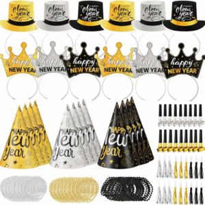 84Pcs New Year’S Eve Party Supplies for 24 Guest Black Gold Wearables Noisemakers 2026 Happy New Year Party Decoration Include Cone Hats Tiaras Tassel Squawkers Beaded Necklace Great Party Favors