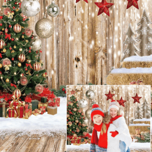 5X7FT Christmas Backdrop Wood Floor Winter Snow Xmas Tree Gift Family Party Background New Year Party Decoration