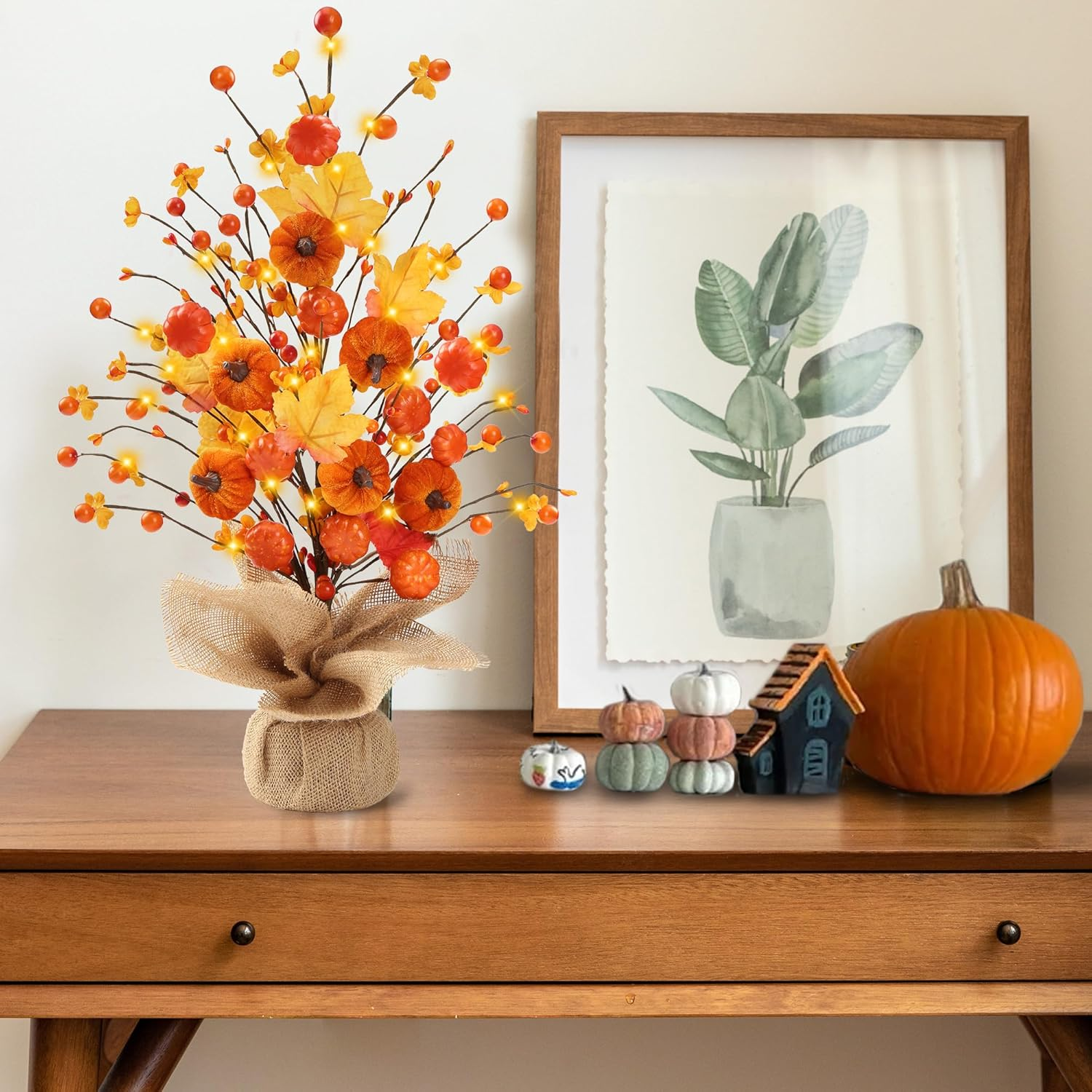 18’’ Fall Pumpkin Table Tree Autumn Decorations Artificial Maple Leaves Berries Faux Tree Decor with Burlap Base for Thanksgiving Harvest Home Holiday Decorations - Image 3