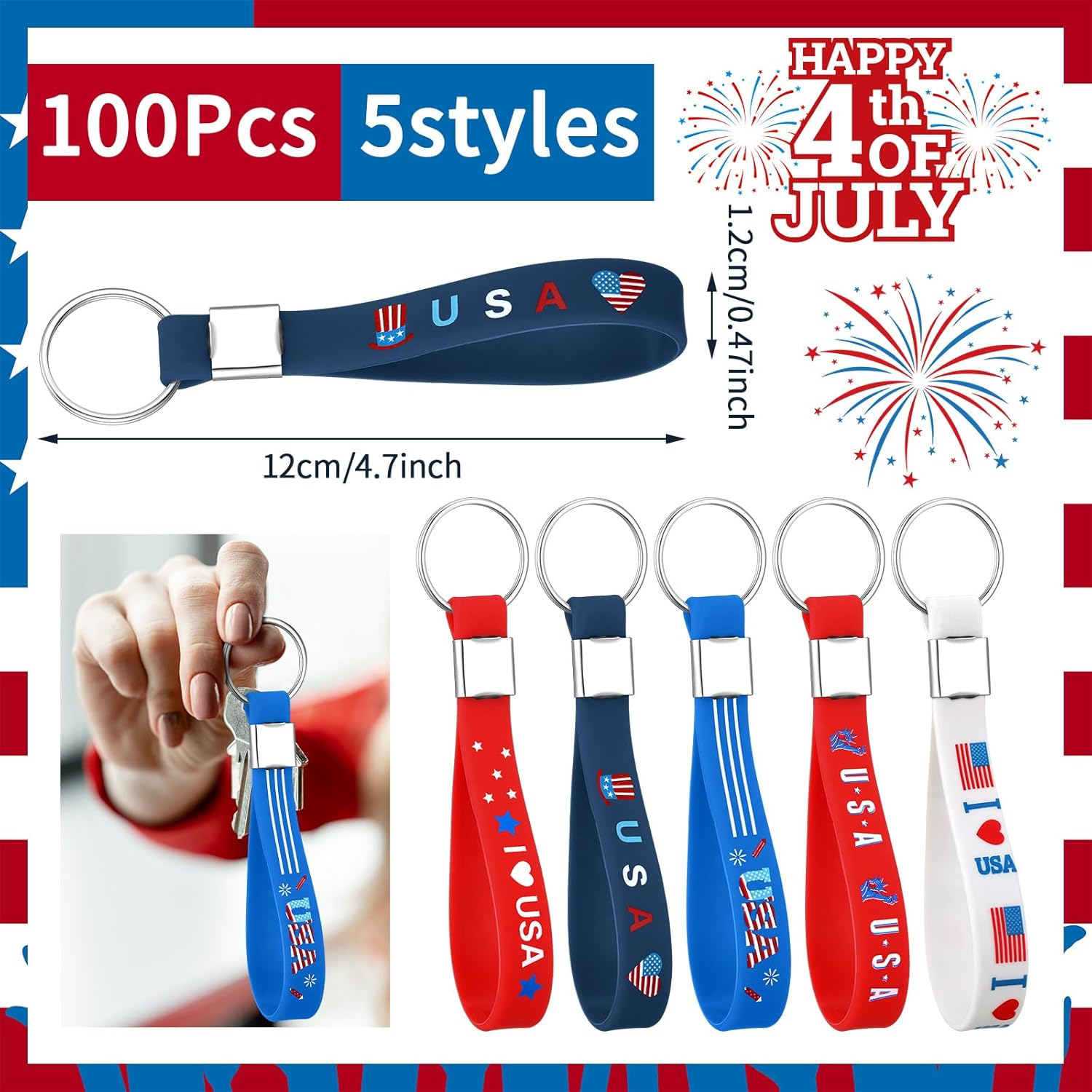 100 Pcs Patriotic Party Favors Bulk Red White and Blue Rubber Keychains USA American Flag Silicone Keychains for Memorial Day Party Accessories Gifts - Image 3