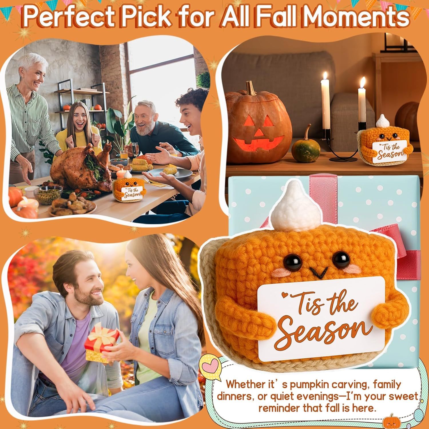 Tis the Season Fall Decor | Mini Crochet Pumpkin Pie Plush | Small Handmade Autumn Halloween Thanksgiving Items for Home Office Indoor Table Decoration Christmas Stocking Stuffer Ornament - Image 6