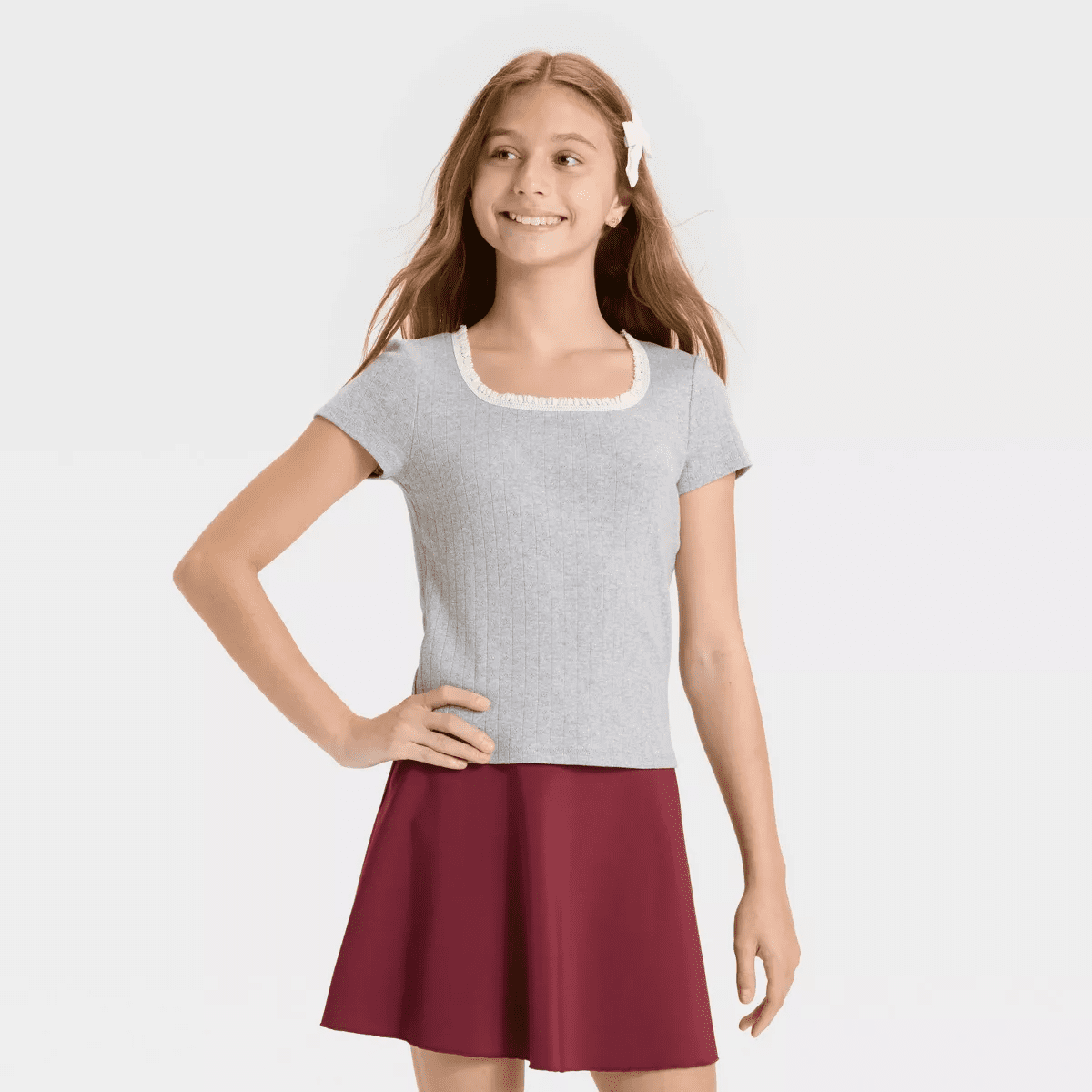 Girls' Lace Trim Short Sleeve Pointelle T-Shirt - Art Class - Image 2