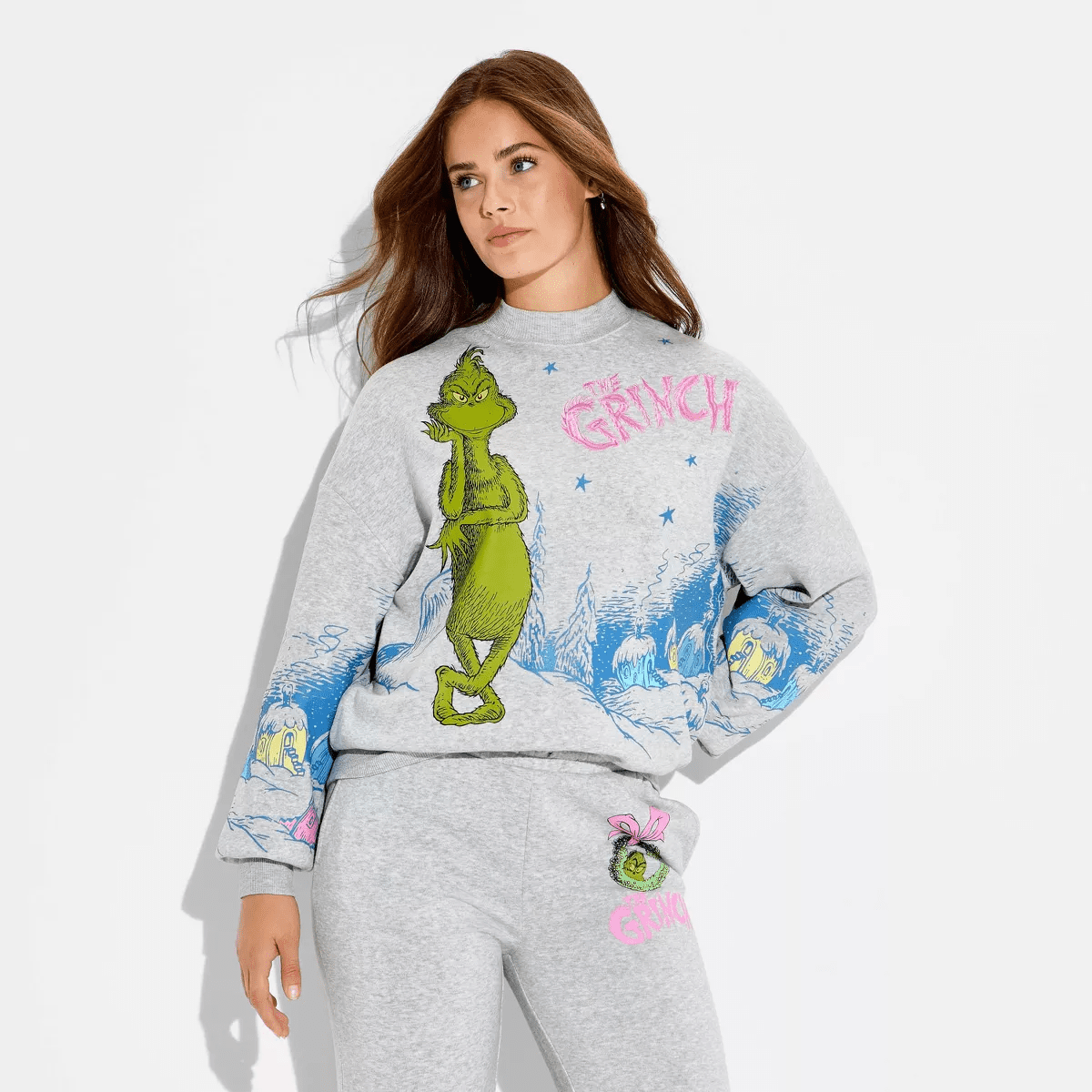 Women'S Grinch Fleece Graphic Sweatshirt - Heather Gray - Image 2