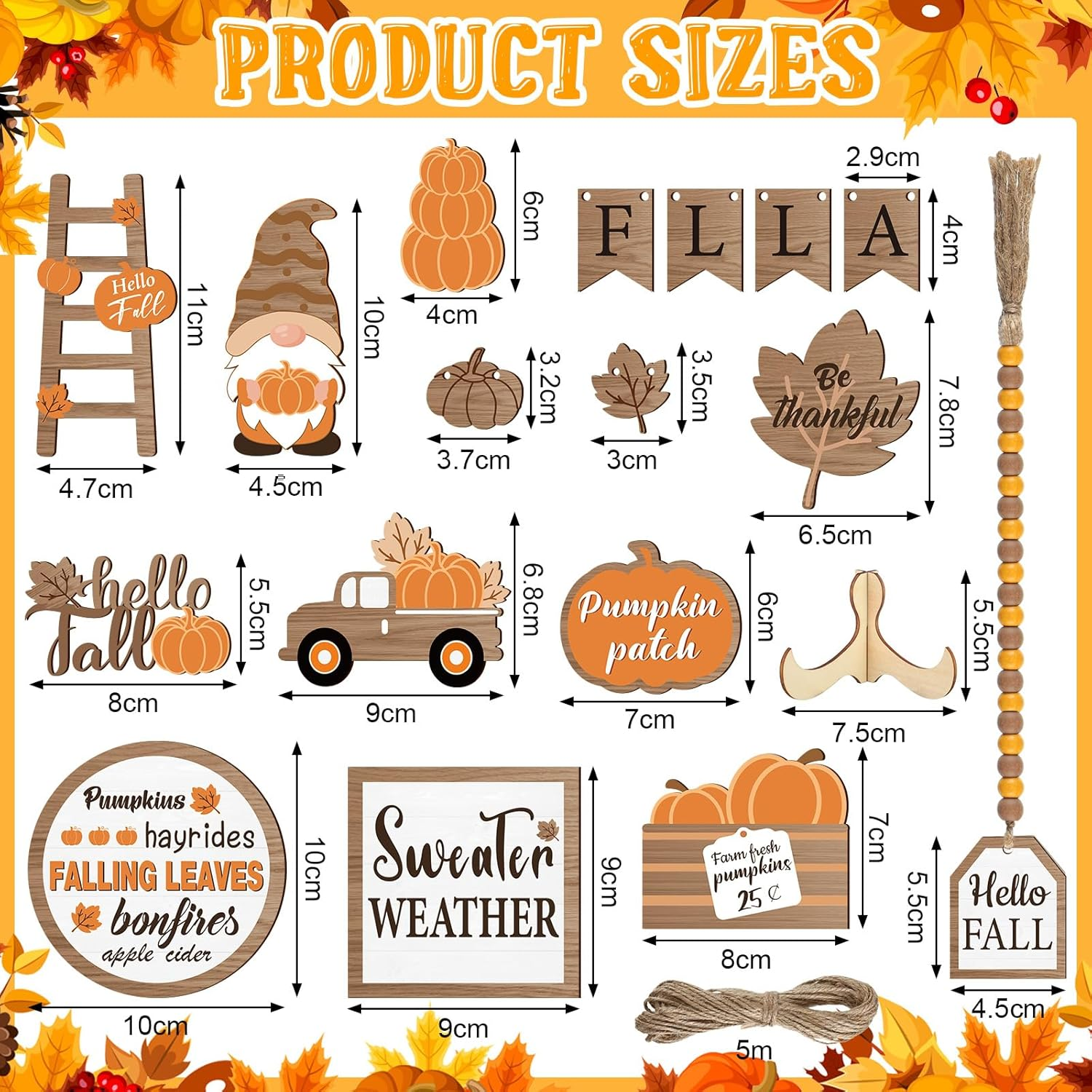 21 Pcs Fall Thanksgiving Tiered Tray Decor Set Pumpkin Gnome Truck Wood Sign Rustic Farmhouse Decor Hello Fall Wood Bead Decorative Tabletop Sign for Autumn Thanksgiving Day(Rustic) - Image 3