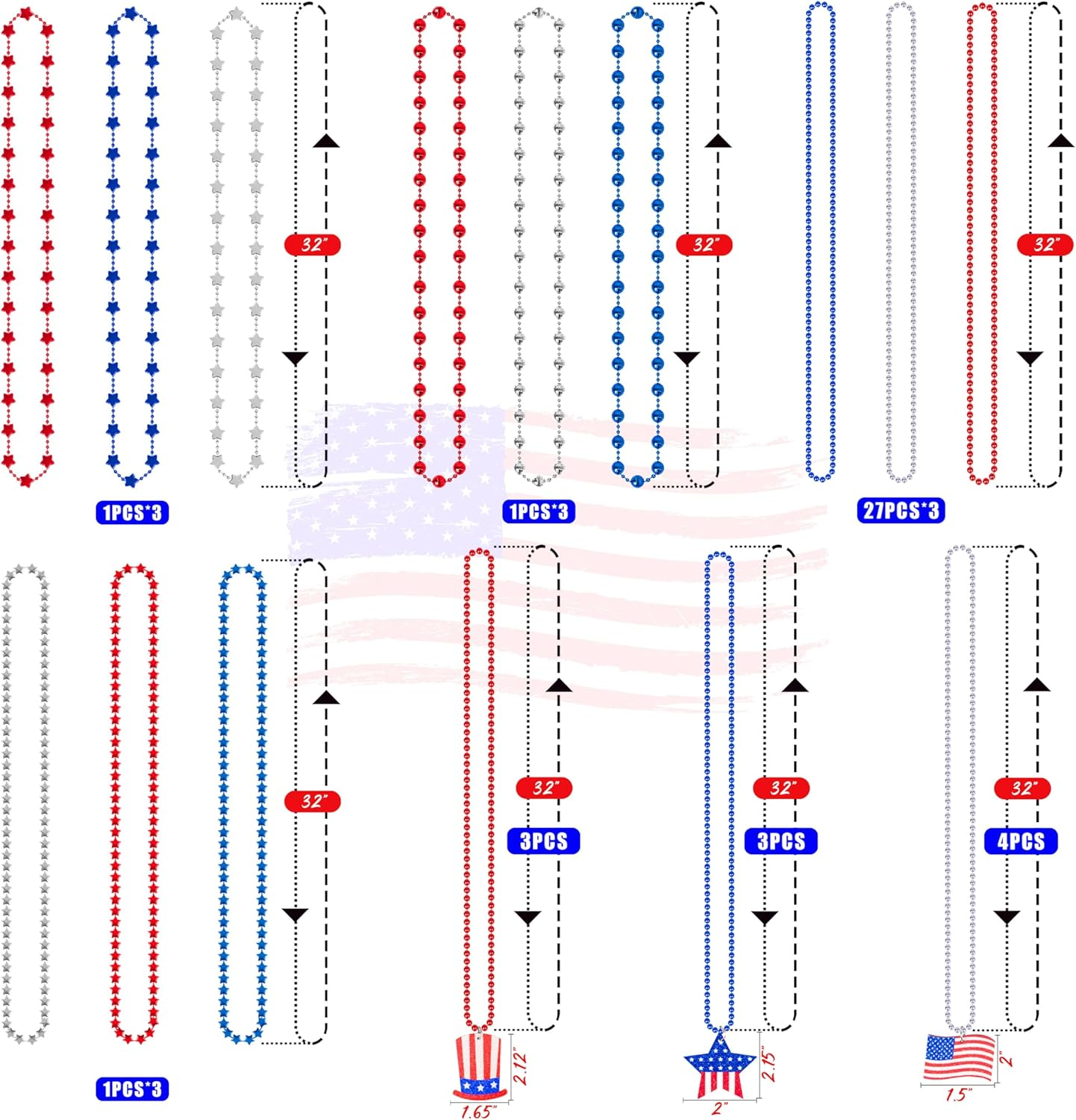 100PCS 4Th of July Accessories Necklaces: Blue White and Red Beads Bulk, Patriotic Party Independence Memorial Day Favors Toys Decorations - Image 4