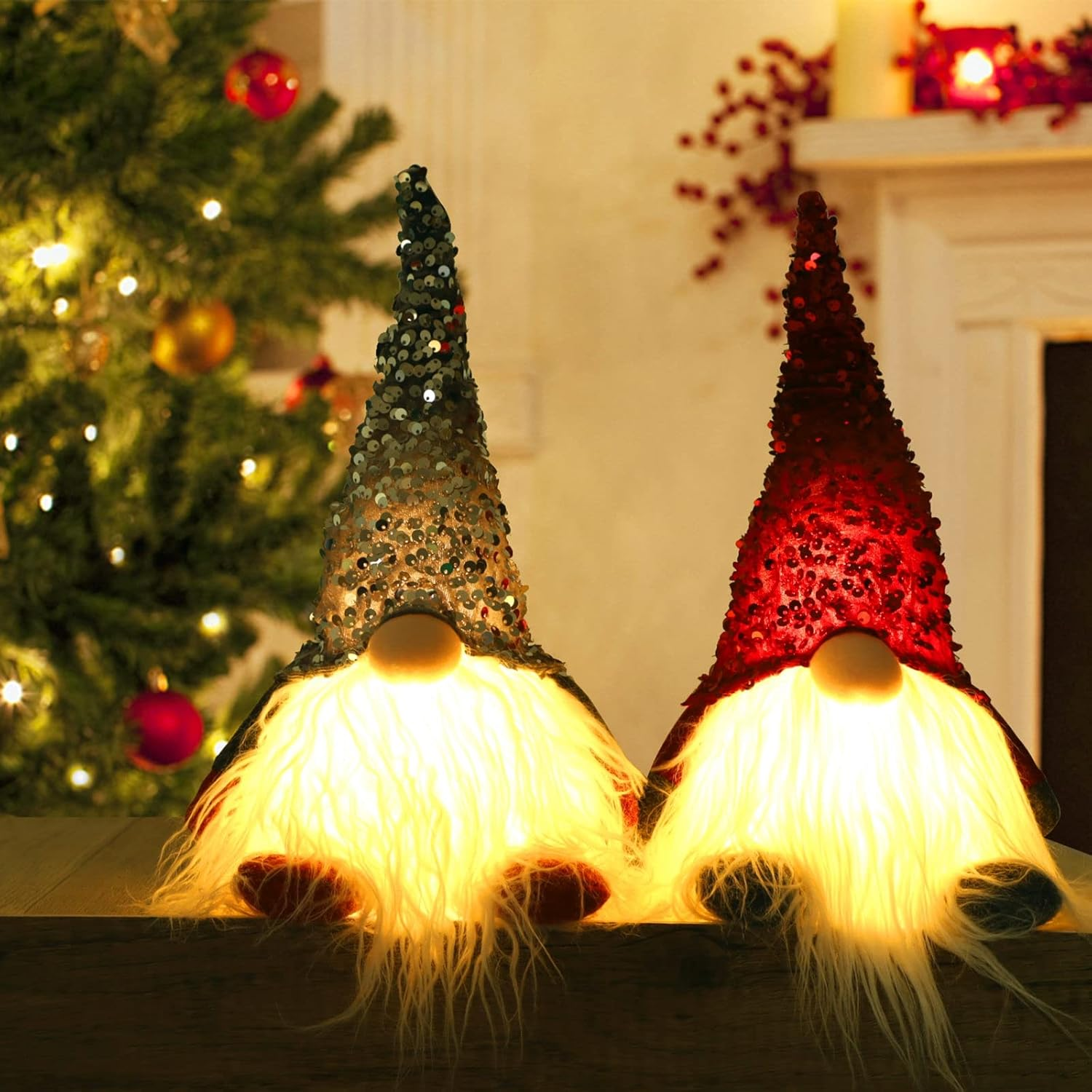 12" Lighted Christmas Gnome, Handmade Sequins Hat Scandinavian Swedish Tomte, Light up Plush Elf Toy Holiday Present, Battery Operated Winter Tabletop Christmas Decorations, 2 Set - Image 5