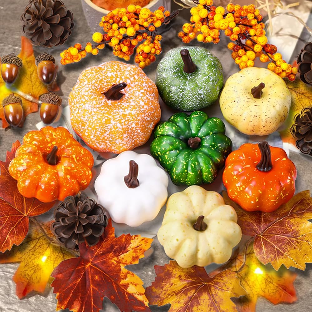 22Pcs Fall Mini Pumpkin Decorations Realistic Pumpkins Decor with Maple Leaves Plastic Pine Cones Acorns Berries Artificial Pumpkin for Thanksgiving Halloween Autumn Harvest Home Table Decor - Image 6