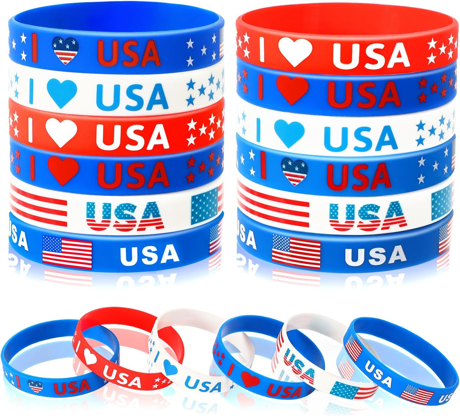 24Pcs 4Th of July Party Favors Silicone Bracelets USA American Flag Red White and Blue Rubber Wristbands for Patriotic Independence Day Party Gifts Holiday Decorations Supplies (6 Designs)