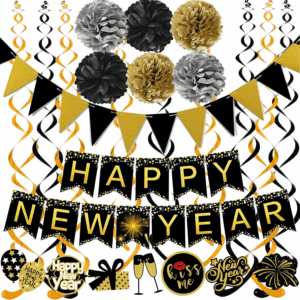 Happy New Year Banner Pom Poms Triangle Flag Swirls Garland Hanging Bunting for Happy New Year Party Decorations