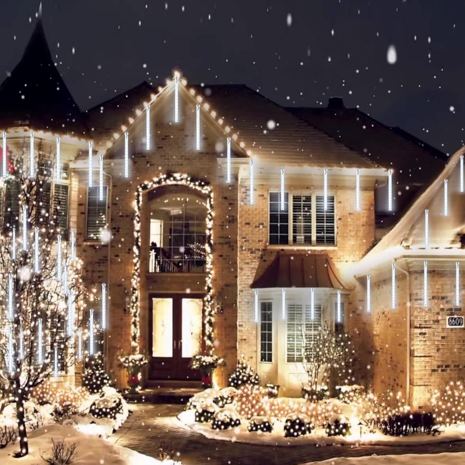 2 Pack Christmas Lights Outdoor, Expandable Meteor Shower Lights with Timer, Waterproof Falling Rain Light with 16 Tubes 384 LED Plug In, Suitable for Garden House Xmas Tree Decorations (Cool White) - Image 3