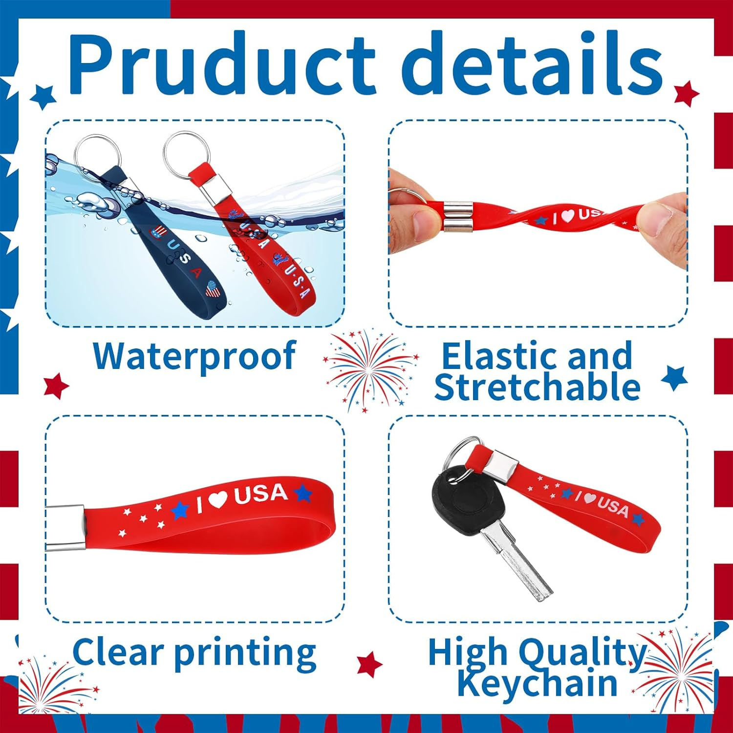 100 Pcs Patriotic Party Favors Bulk Red White and Blue Rubber Keychains USA American Flag Silicone Keychains for Memorial Day Party Accessories Gifts - Image 4