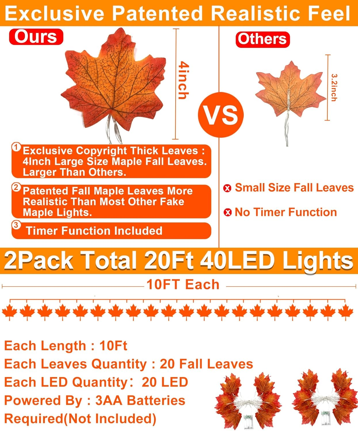 2 Pack Fall Decor Enlarged Maples Leafed Lights Total 20Ft 40LED Thanksgiving Halloween Fall Decorations for Home,Battery Operated Autumn Garland Waterproof Indoor Outdoor Holiday Christmas - Image 2