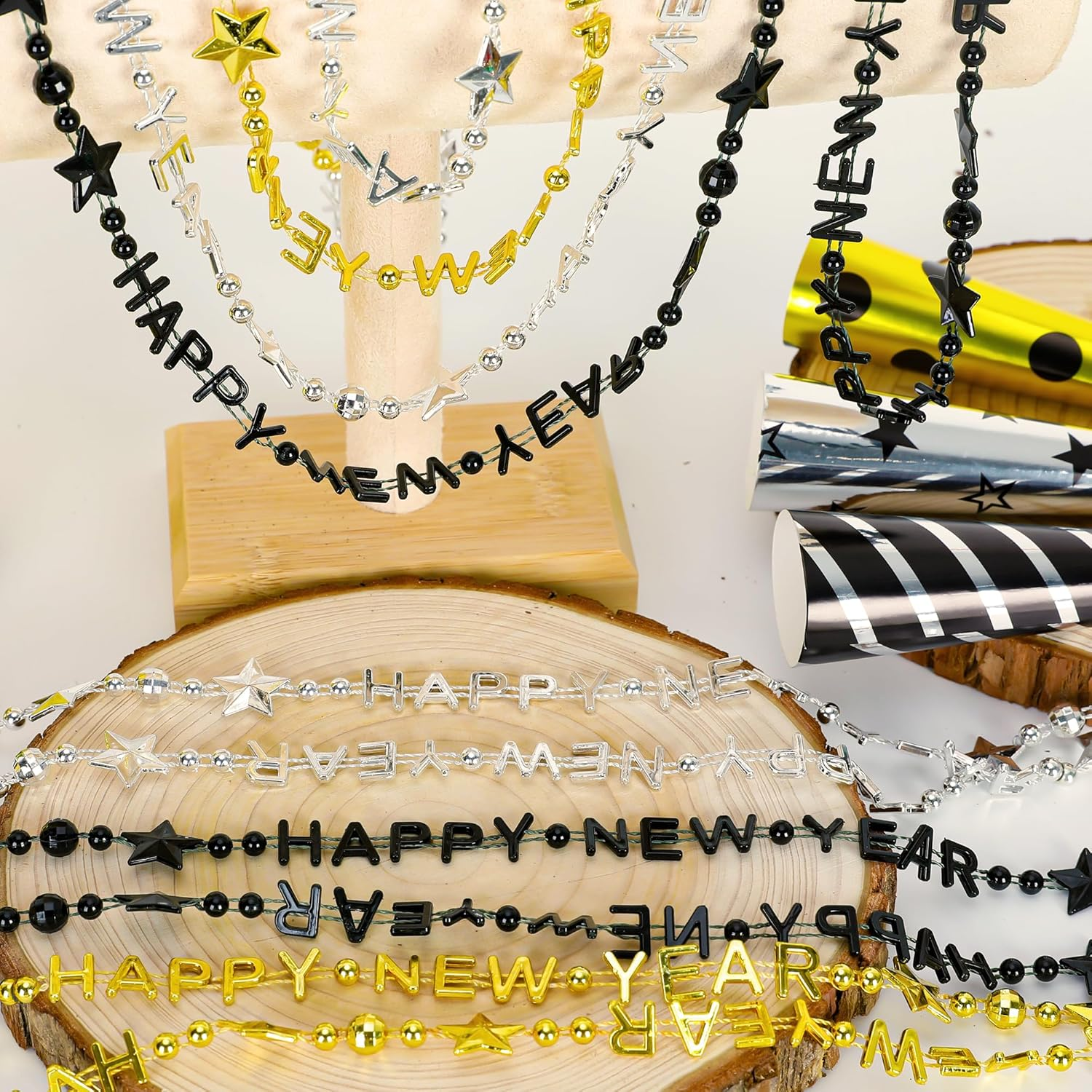 24PCS New Years Necklace Decorations, Bead Necklaces Party Supplies 2026, HAPPY NEW YEAR Star Necklaces Bulk Accessories, Black Gold Silver Bead Necklace 2026 Decorations - Image 4
