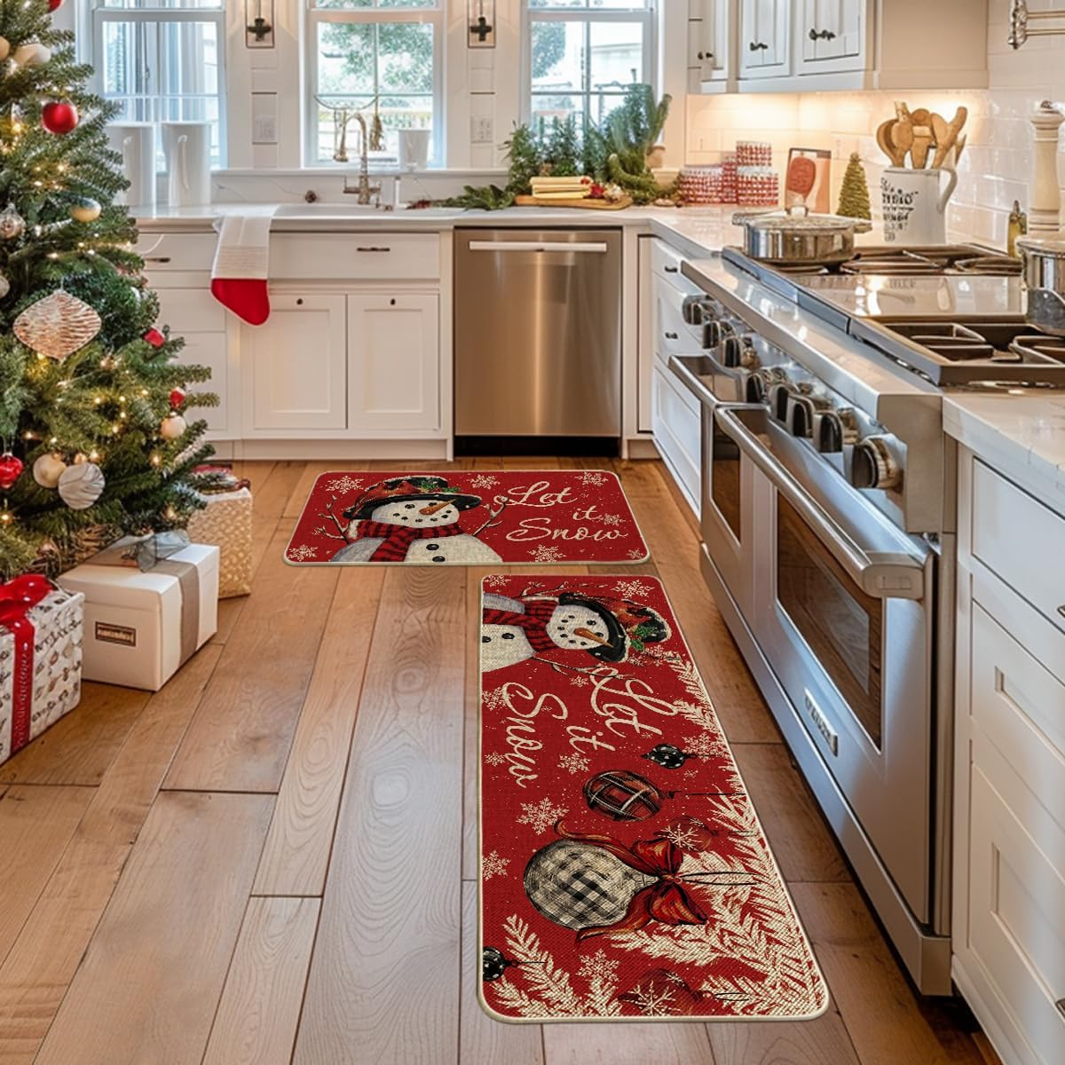 Snowman Let It Snow Snowflake Christmas Kitchen Mats Set of 2, Winter Home Decor Low-Profile Kitchen Rugs for Floor - 17X29 and 17X47 Inch - Image 4