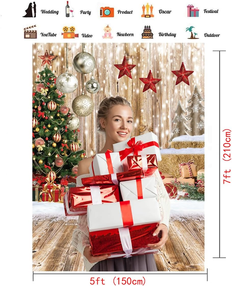 5X7FT Christmas Backdrop Wood Floor Winter Snow Xmas Tree Gift Family Party Background New Year Party Decoration - Image 3