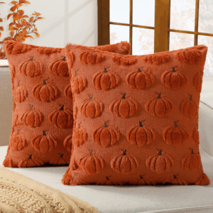 Fall Decorative Throw Pillow Covers 18 X 18 Inch Set of 2, Thanksgiving Autumn Harvest Pumpkin Faux Fur Cushion Covers, 3D Embroidered Pillow Cases for Couch Bedroom Living Room Decor, Rust