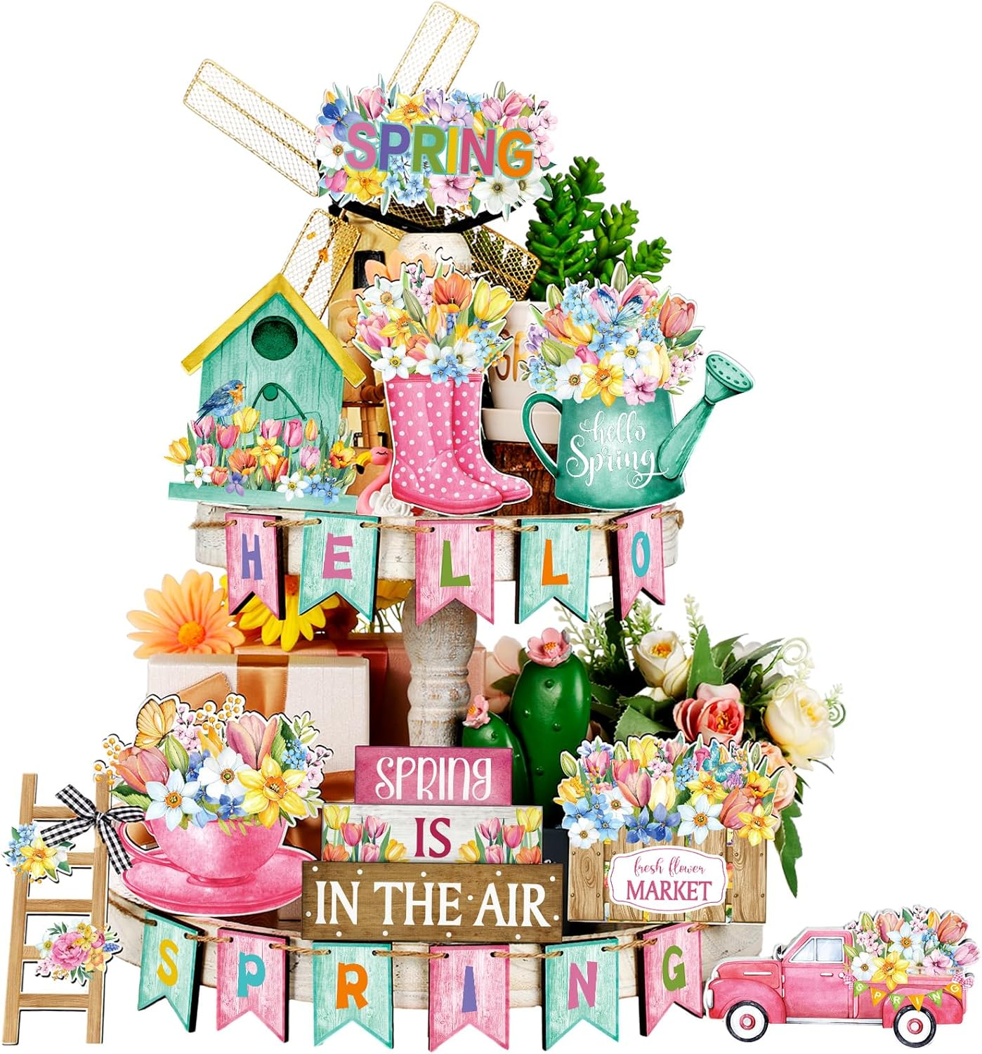 20 Pcs Spring Flower Tiered Tray Decor Set Rustic Farmhouse Spring Floral Table Home Kitchen Shelf Tabletop Centerpiece Office Decorations (Cute)