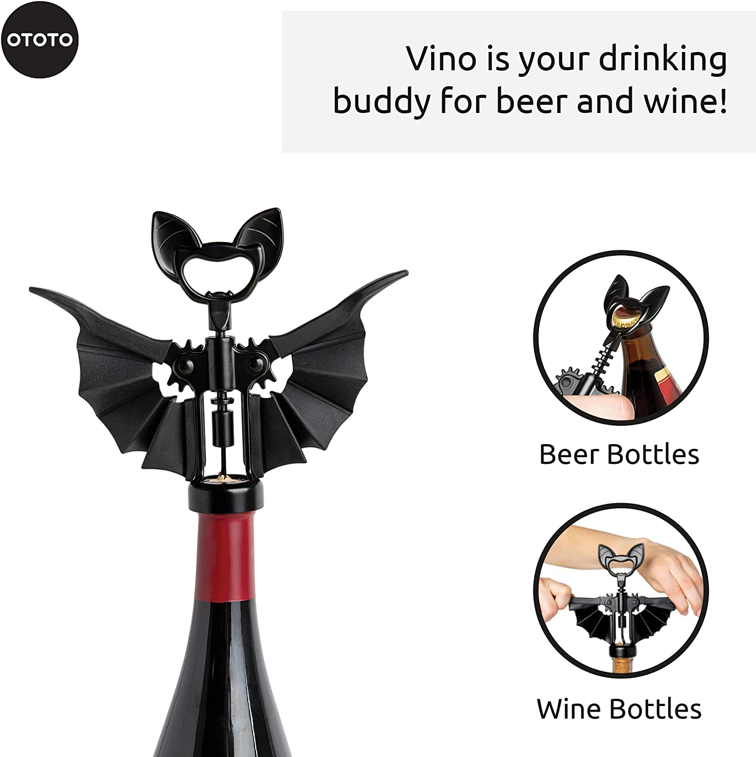 Vino Spooky Bat 2-In-1 Wine & Beer Opener, Corkscrew & Bottle Opener - Goth Wine Accessories & Gifts for Wine Lovers - Image 3