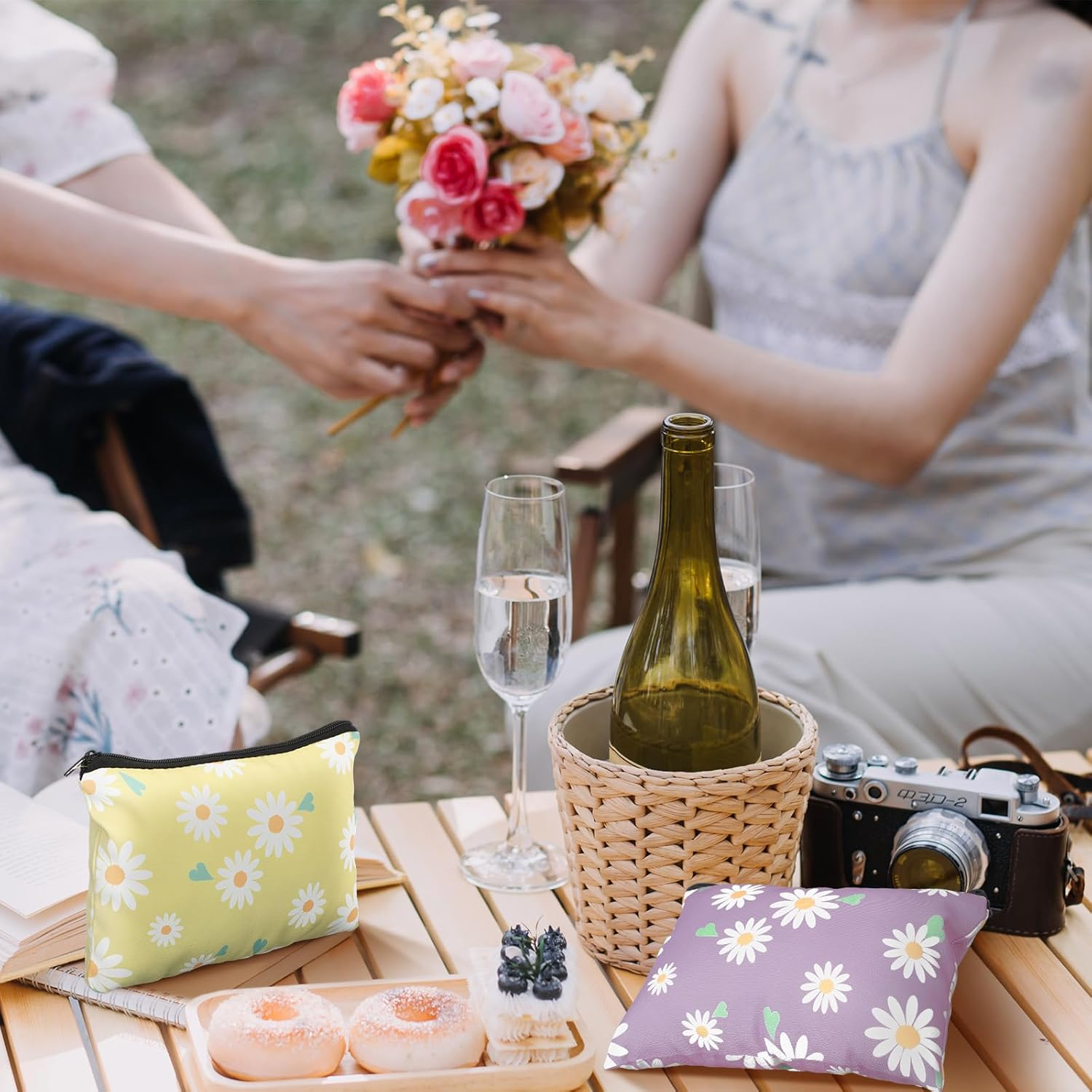 10 Pcs Makeup Bags Bulk for Women Daisy Small Zipper Pouch Purse Canvas Cosmetic Bag Mini Pouch Gift for Housekeeping Week Employee Thanksgiving Christmas Teacher Mom Travel Storage Organizer - Image 4