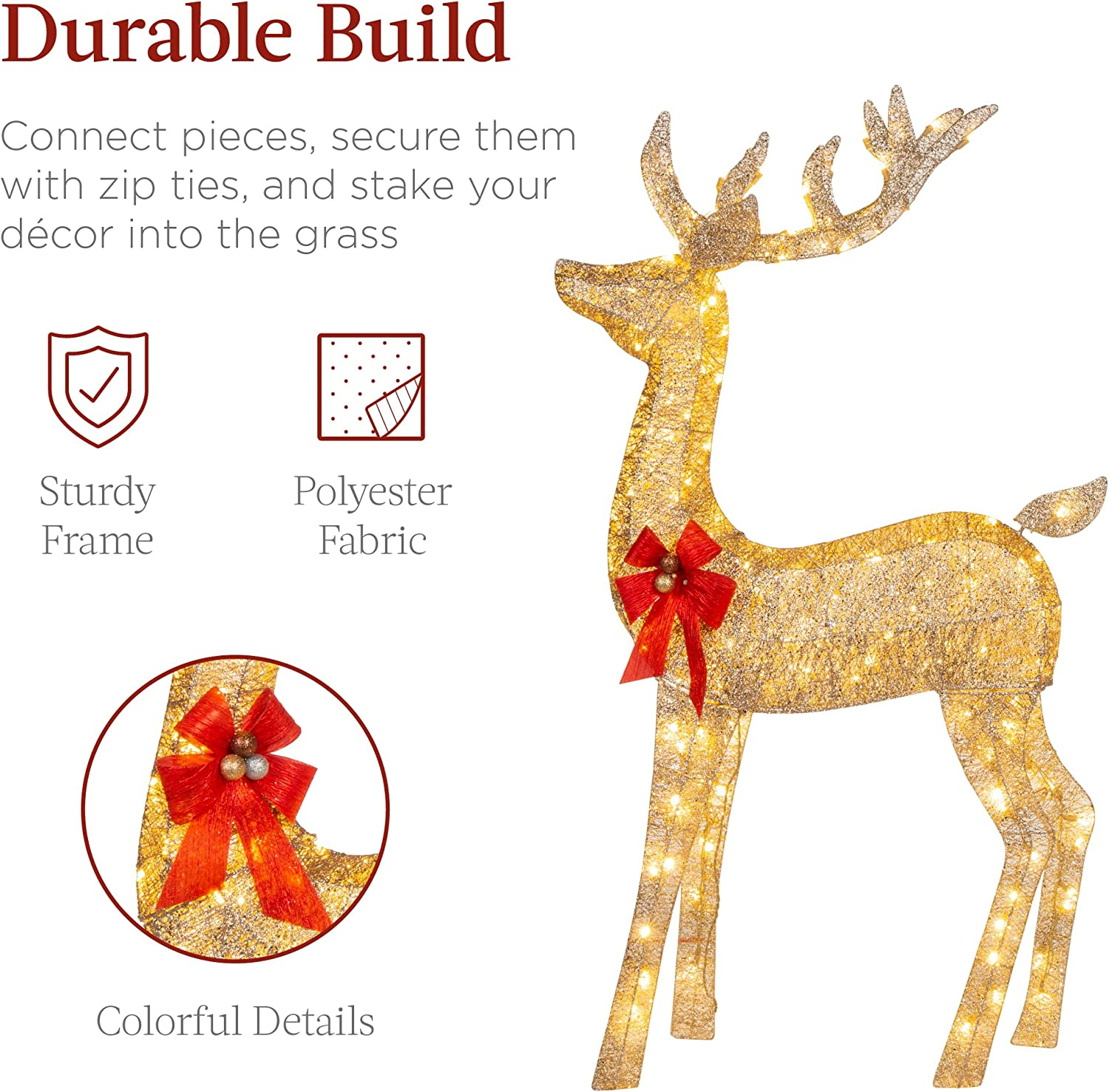 3-Piece Large Lighted Christmas Deer Family Set 5Ft Outdoor Yard Decoration with 360 LED Lights, Stakes, Zip Ties - Gold - Image 4