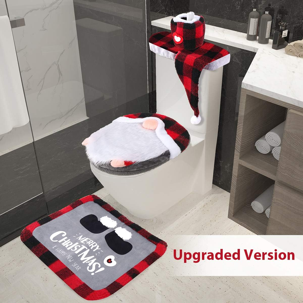 Gnome Toilet Seat Cover and Rug Set of 5, Funny Swedish Tomte Gnomes Scandinavian Christmas Bathroom Decorations 2025 - Image 4