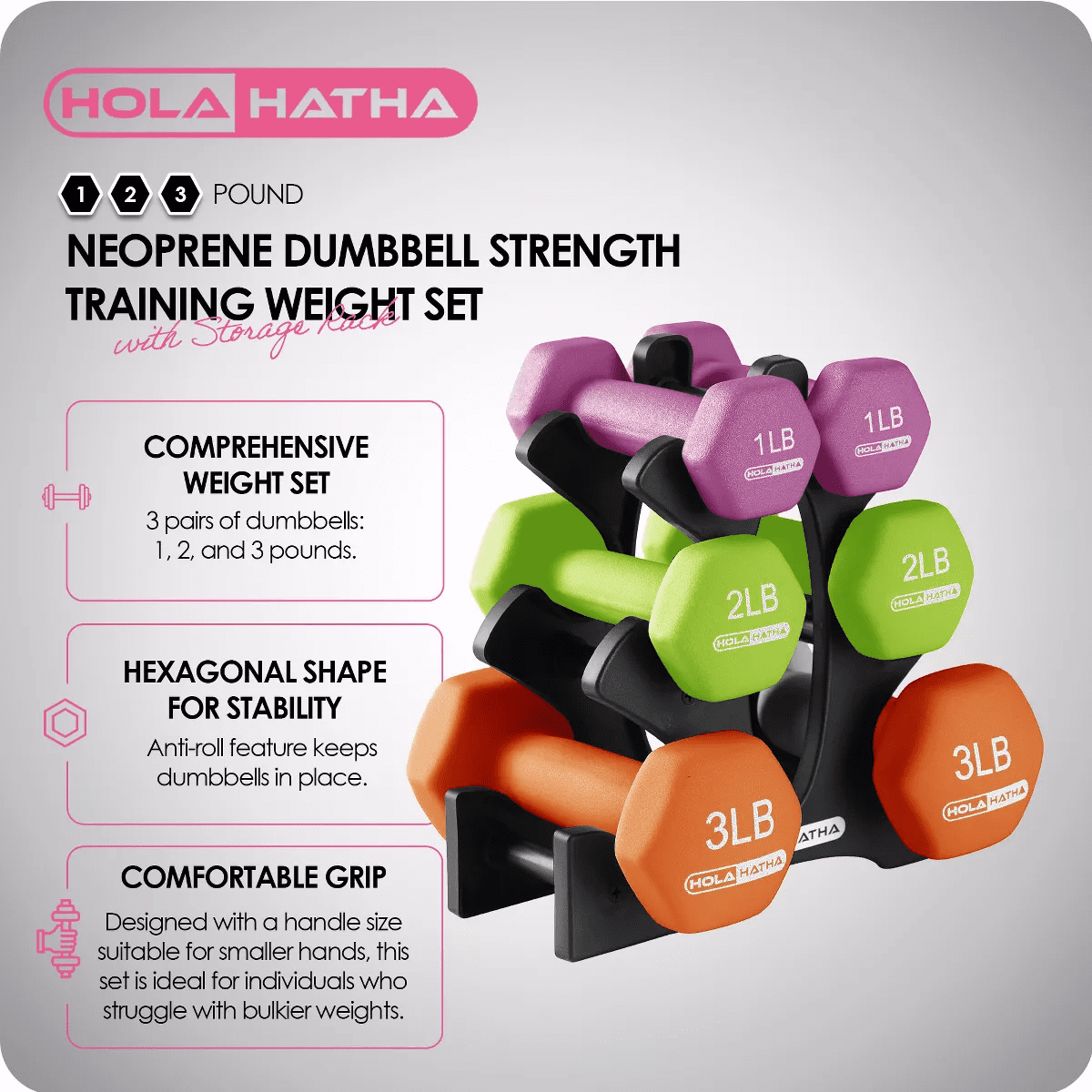 Holahatha 1, 2, and 3 Pound Neoprene Dumbbell Weight Set with Storage Rack Stand, Ideal Strength Training Home Gym Workout Equipment for Muscle Toning - Image 2