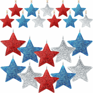 48PCS Mini Resin Patriotic Star Ornaments 4Th of July Hanging Pendants for Small Tree Glitter Blue Red Silver Star Charms with String for Memorial Veterans Remembrance Independence Day Decor