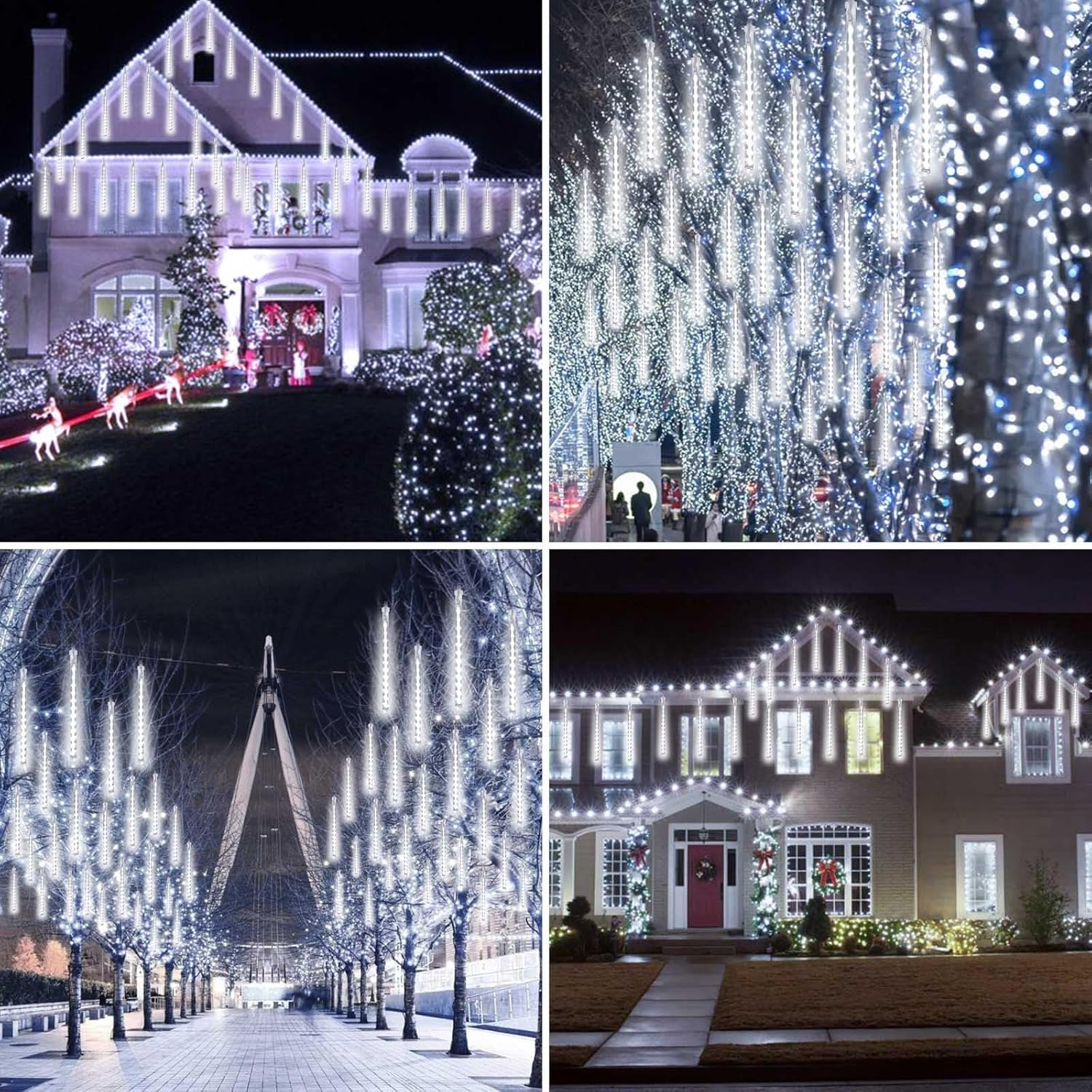 2 Pack Christmas Lights Outdoor, Expandable Meteor Shower Lights with Timer, Waterproof Falling Rain Light with 16 Tubes 384 LED Plug In, Suitable for Garden House Xmas Tree Decorations (Cool White) - Image 2