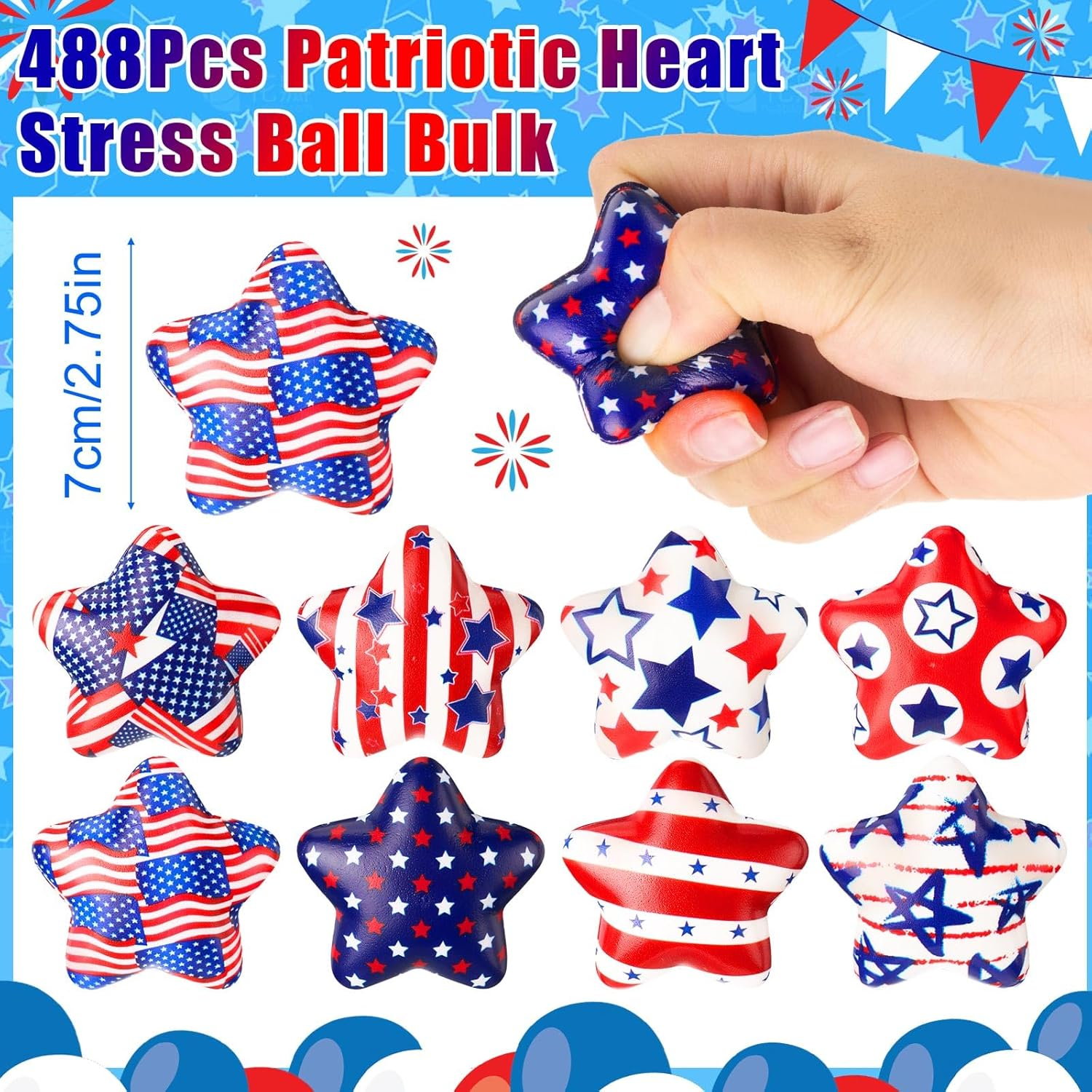 108 Pcs Patriotic Star Stress Ball Bulk 2 Inch Veterans Independence Day Mini Foam Stress Gifts Balls White Red Blue Relief Star Motivational Gifts for 4Th of July Party Carnival Reward(108 Pcs) - Image 2