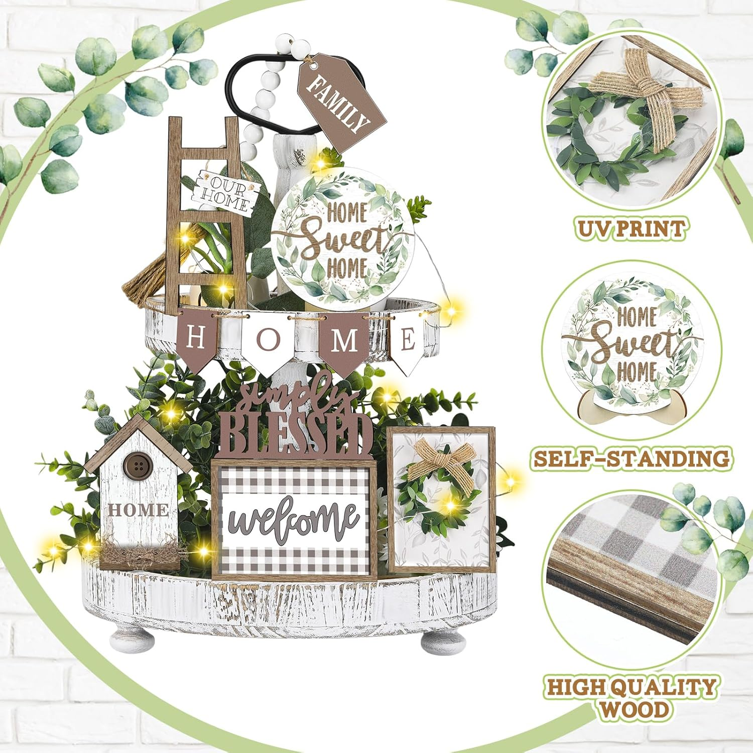 Set of 11 Summer Farmhouse Tiered Tray Decor Rustic Home Tiered Tray Decorations Set Wooden Signs Home This Is Us Farmhouse Tabletop Wood Signs for Kitchen Table Shelf Decor - Image 4