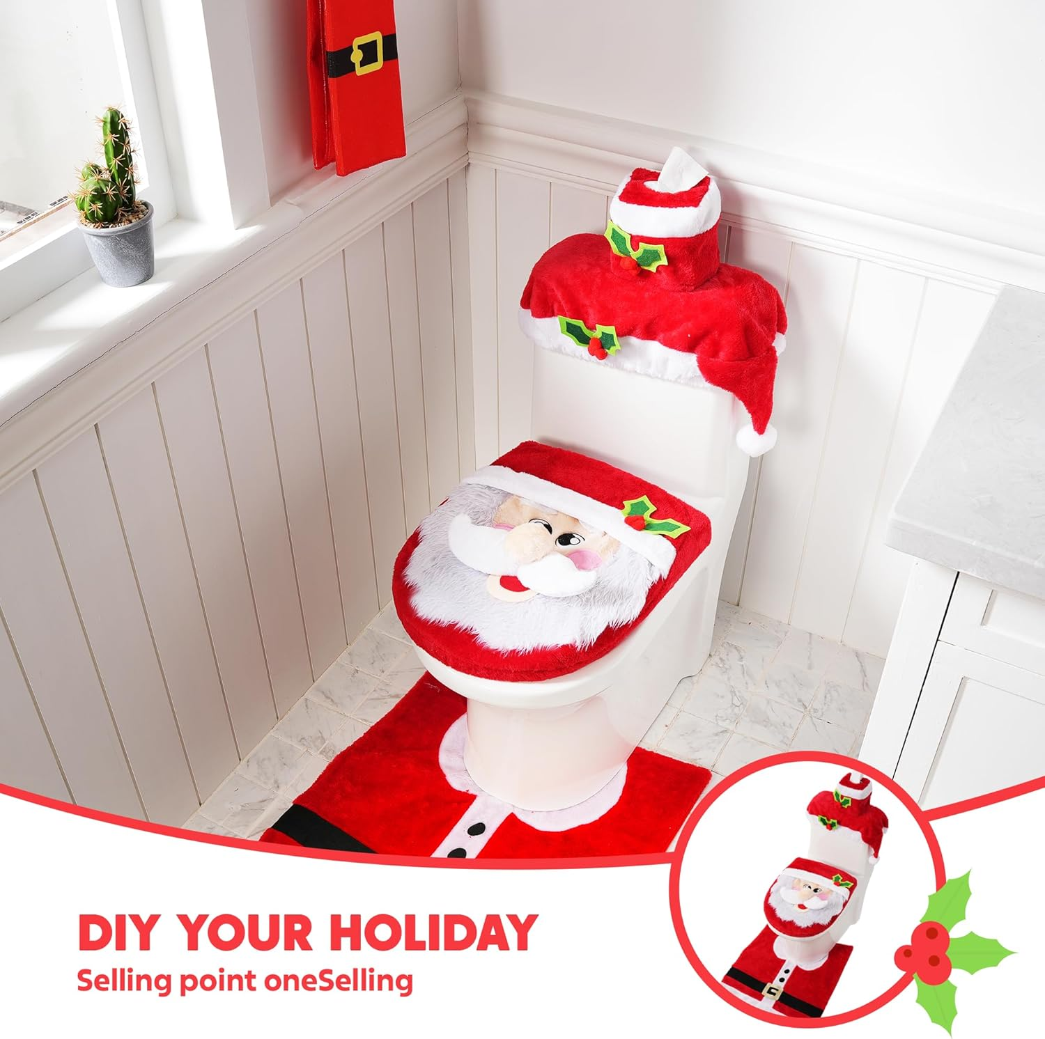 5 Pieces Christmas Theme Bathroom Decoration Set W/Toilet Seat Cover, Rugs, Tank Cover, Toilet Paper Box Cover and Santa Towel for Xmas Indoor Décor, Party Favors (Santa) - Image 4