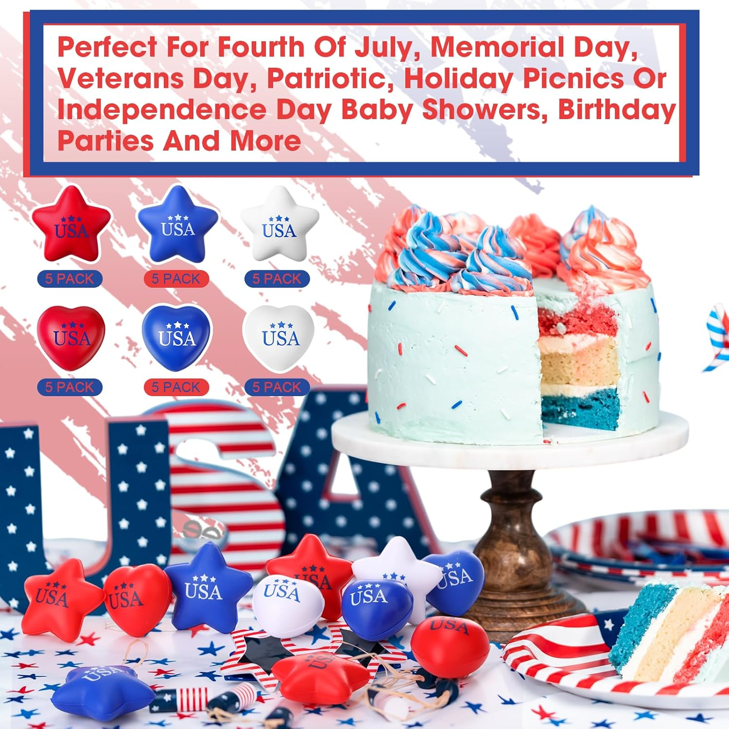 30 Pcs 4Th of July Stress Balls Mini Bulk Patriotic Foam Star Stress Red White Blue Heart Stressballs Independence Day Relief Balls for School Carnival Reward Patriotic Party Favor - Image 2
