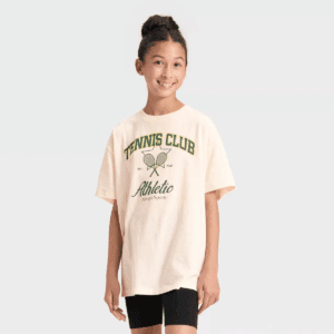Girls' Athletic Tennis Club Short Sleeve Oversized Graphic T-Shirt - Ivory
