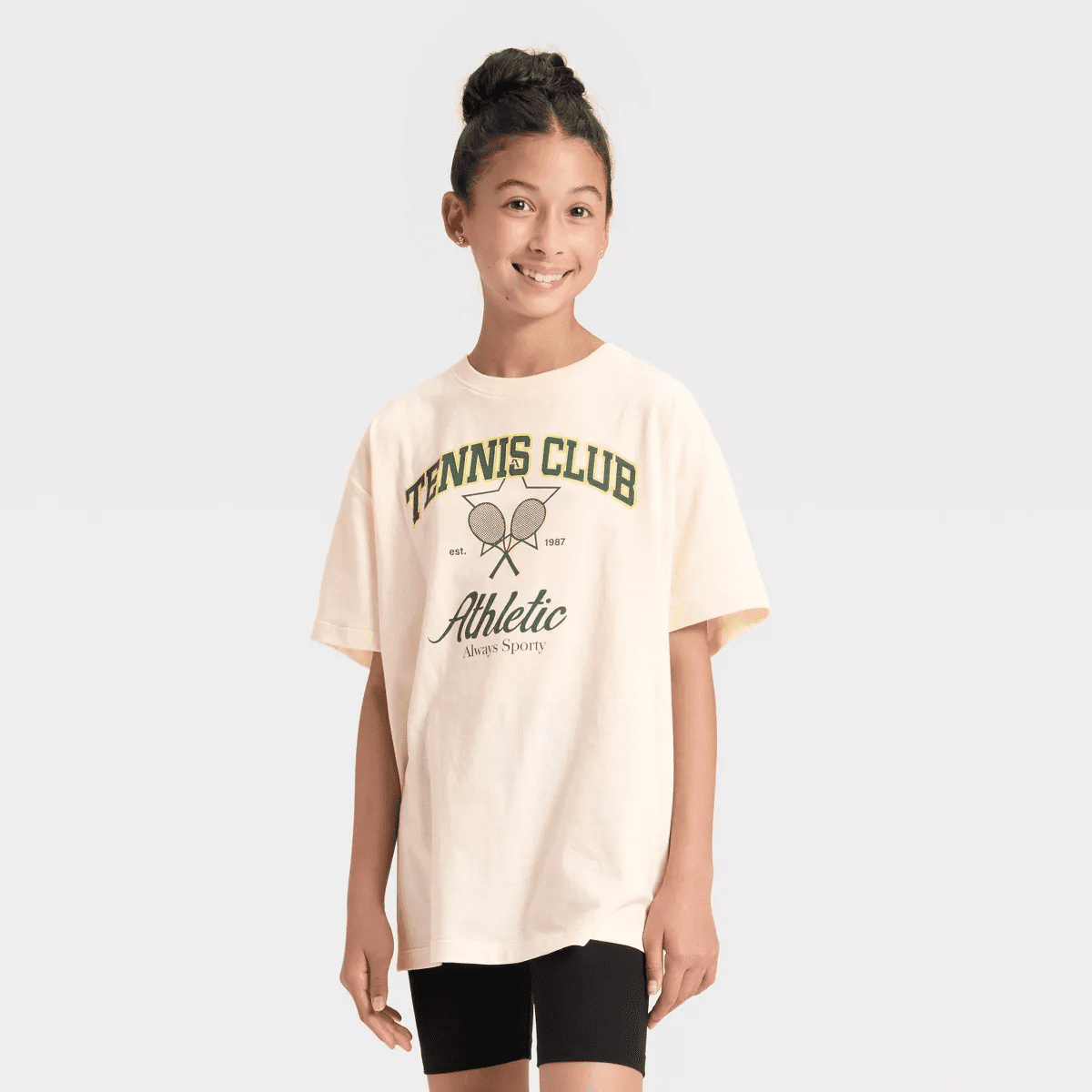 Girls' Athletic Tennis Club Short Sleeve Oversized Graphic T-Shirt - Ivory