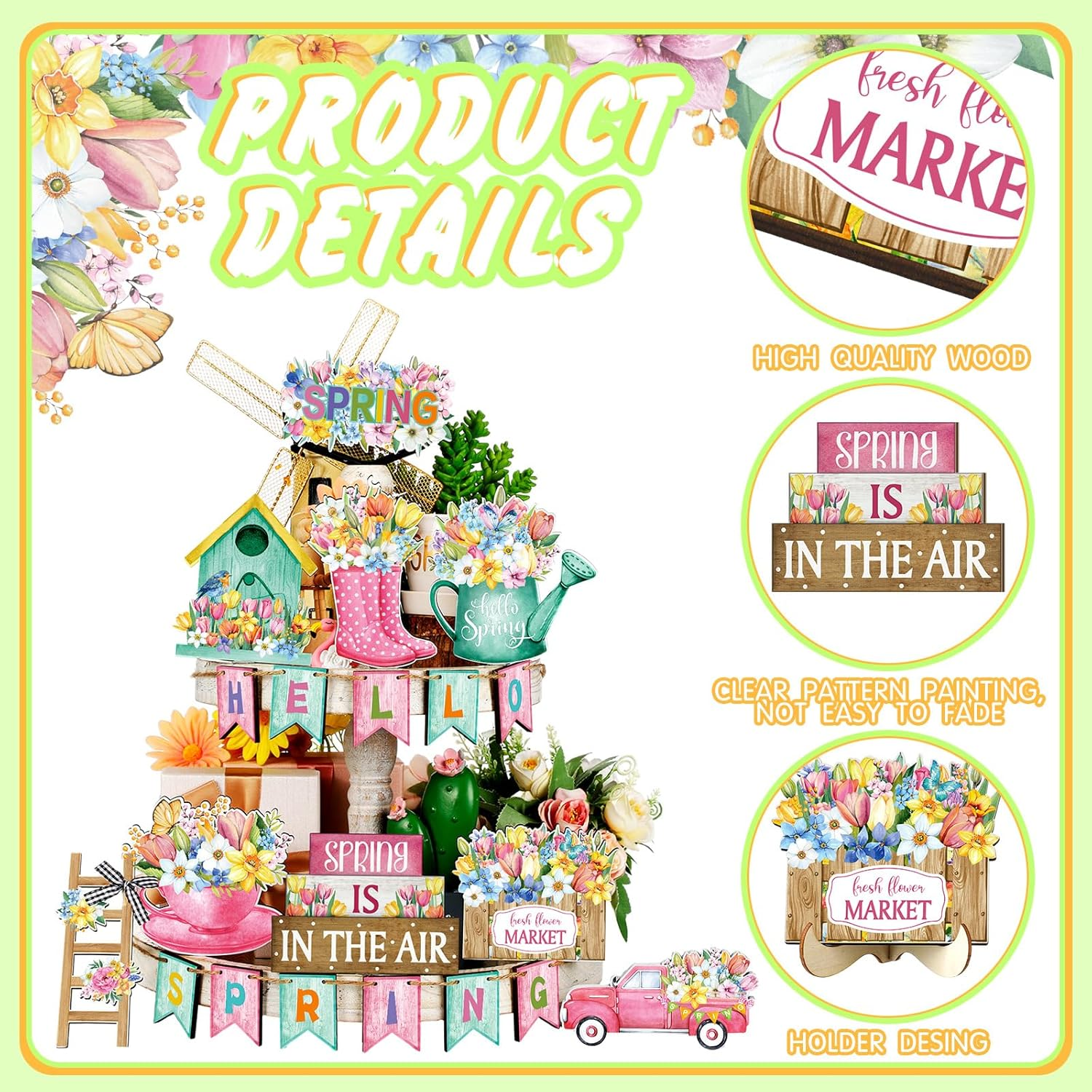 20 Pcs Spring Flower Tiered Tray Decor Set Rustic Farmhouse Spring Floral Table Home Kitchen Shelf Tabletop Centerpiece Office Decorations (Cute) - Image 5