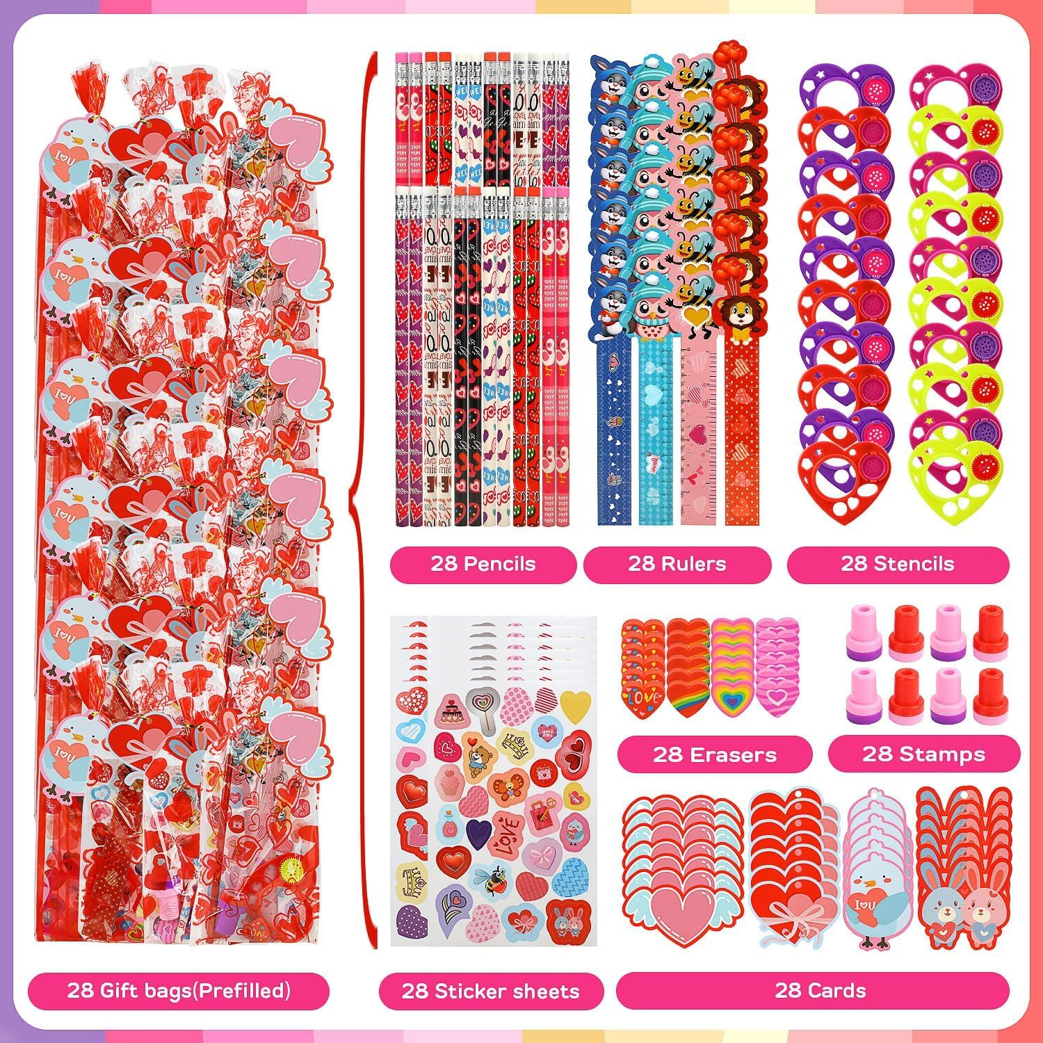 224 Pcs Valentines Day Goodie Bags for Kids, Classroom Exchange 28 Pack Valentines Day Gifts for Students from Teacher Valentine Treats for Kids - Image 3