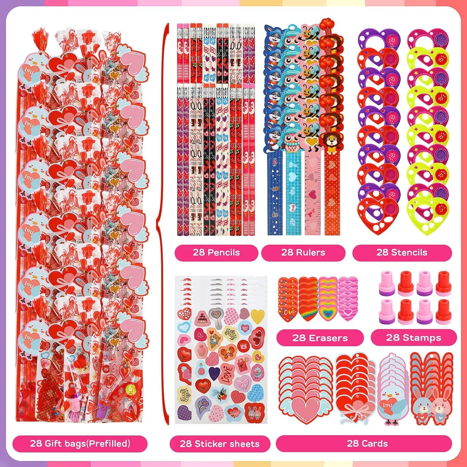 224 Pcs Valentines Day Goodie Bags for Kids, Classroom Exchange 28 Pack Valentines Day Gifts for Students from Teacher Valentine Treats for Kids - Image 3