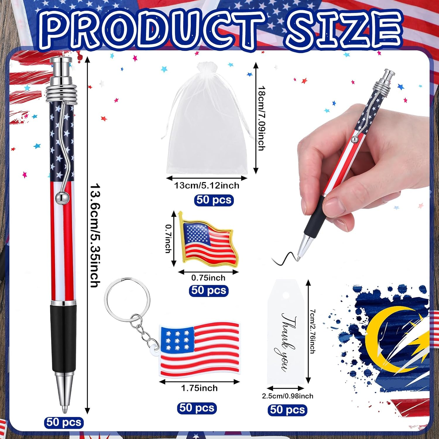 250 Pcs Veterans Day Style American Flag Lapel Pins Ballpoint Pen Black Independence Day Flag Keychains Thank You Card Organza Gift Bag for Home Office School 4Th of July Party Supplies - Image 2