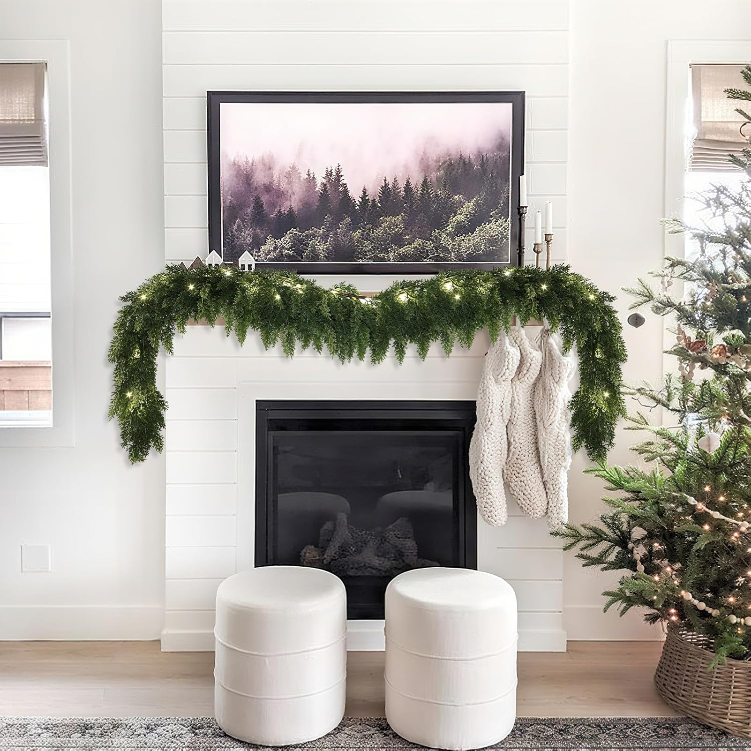 Realistic Christmas Garland with Lights-8 Lighting Modes 6FT Real Touch Lush Artificial Prelit Cedar Garlands for Stairs Railing Fireplace Table Xmas Christmas Decorations Indoor Outdoor Holiday Decor - Image 2