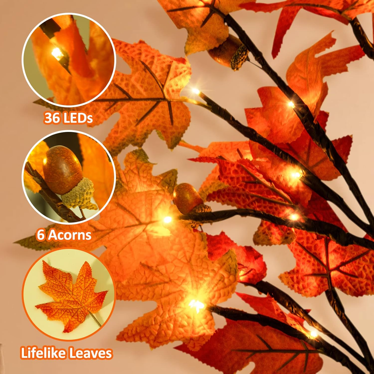 2Pack Fall Lighted Maple Tree - 2FT 36 LED Thanksgiving Decor Artificial Fall Lights, Battery Operated Tabletop Lamp with 6 Acorns, 6-Hours Timer, for Wedding Party Indoor Outdoor Autumn Decor… - Image 3