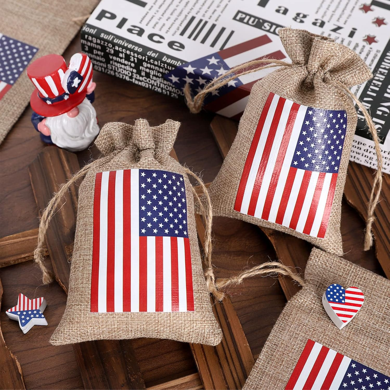 20Pcs 4Th of July Drawstring Gift Bags Patriotic American Flag Treat Goodie Bags Rustic Party Favor Pouch Bag for Independence Day Memorial Day Veterans Day Labor Day DIY Crafts Decor, 4 X 6 - Image 5