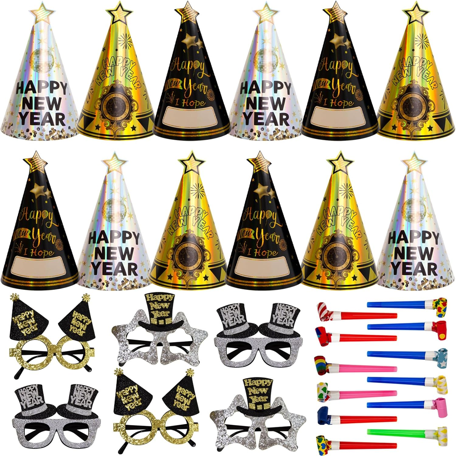 Happy New Years Eve Party Supplies 2026 Party Favors 12 Hats 6 Felt Plastic Frame Glitter Glasses 12 Blowouts New Year Decorations NYE Party Favors Squawkers Noisemakers - Image 7