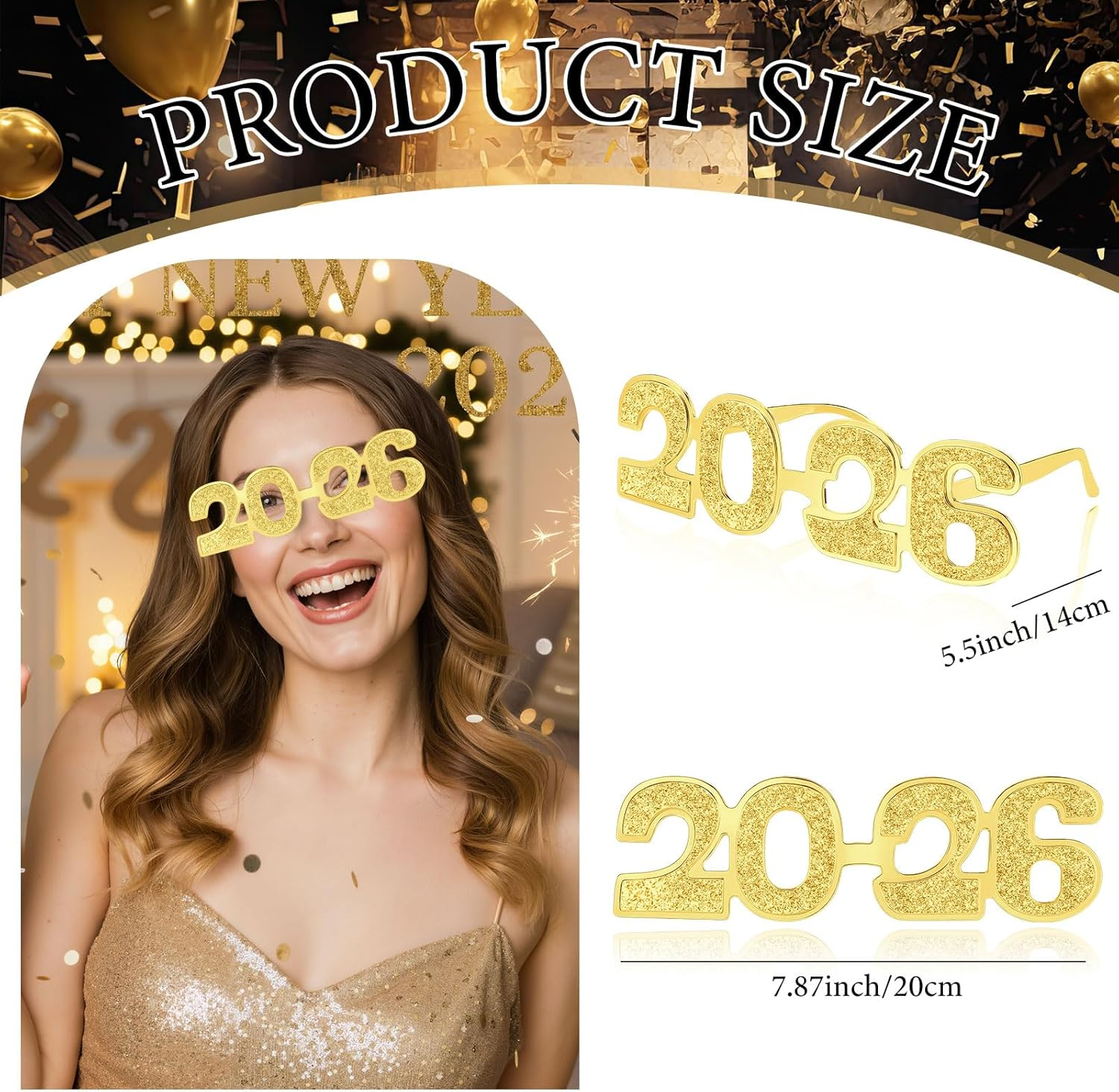 2026 Number Glasses Happy New Year Plastic Eyeglasses for 2026 Party New Year Eve Costume Photo Prop Supplies(Gold,Glitter) - Image 2