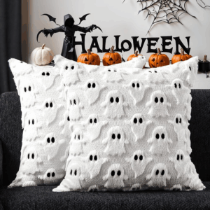 Halloween Pillow Covers 18X18 Inch Set of 2 White Ghost Throw Pillow Cases Soft Plush Faux Fur Wool Couch Cushion Case for Chair Sofa Bedroom Living Room Home Decor PTK03A18