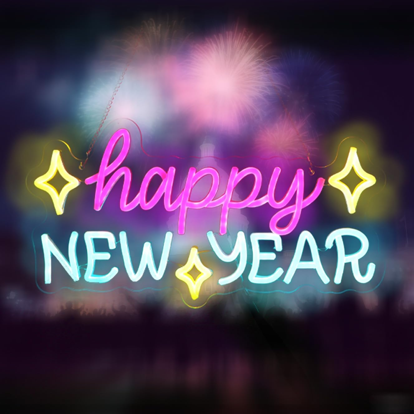 Happy New Year Neon Sign, LED Holiday Decor, Indoor Party Decoration - 16.5In×8.9In USB Powered Neon Light with 6 Dimmable Modes for New Year Decorations