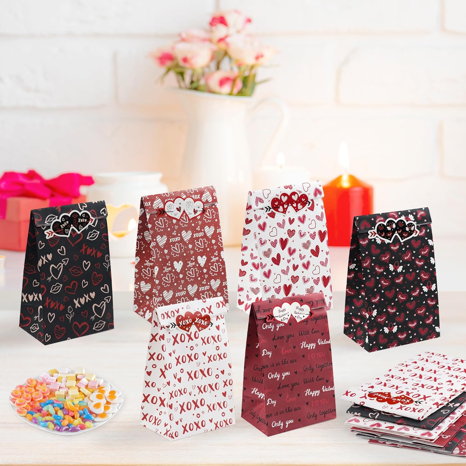 Valentines 24 PCS Gift Bags for Kids - School Valentines Day Treat Bags with Stickers - Decorations Party Favors - Image 4